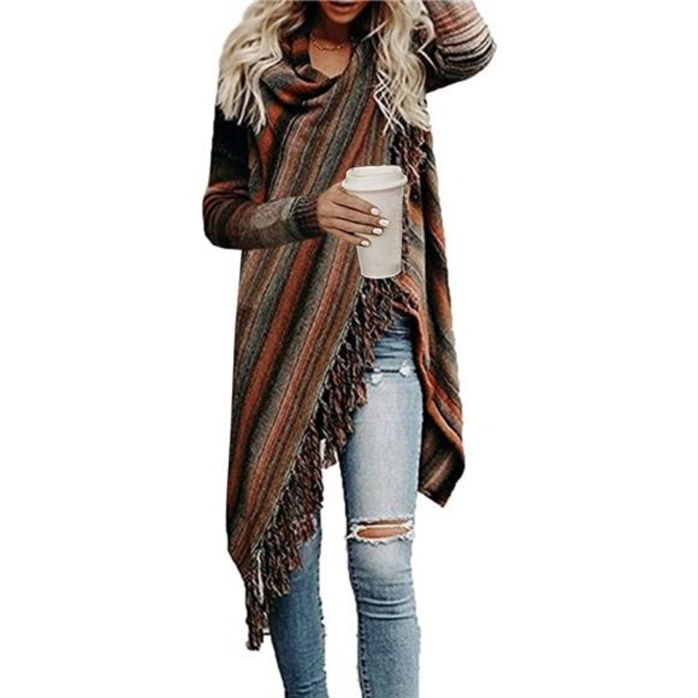 Women's Open Front Knited Tassels Slash Loose Cardigan Crew Neck Speckled Fringe